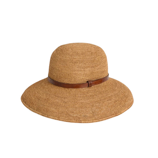 WIDE-BRIM RAFFIA HAT WITH A LEATHER BAND